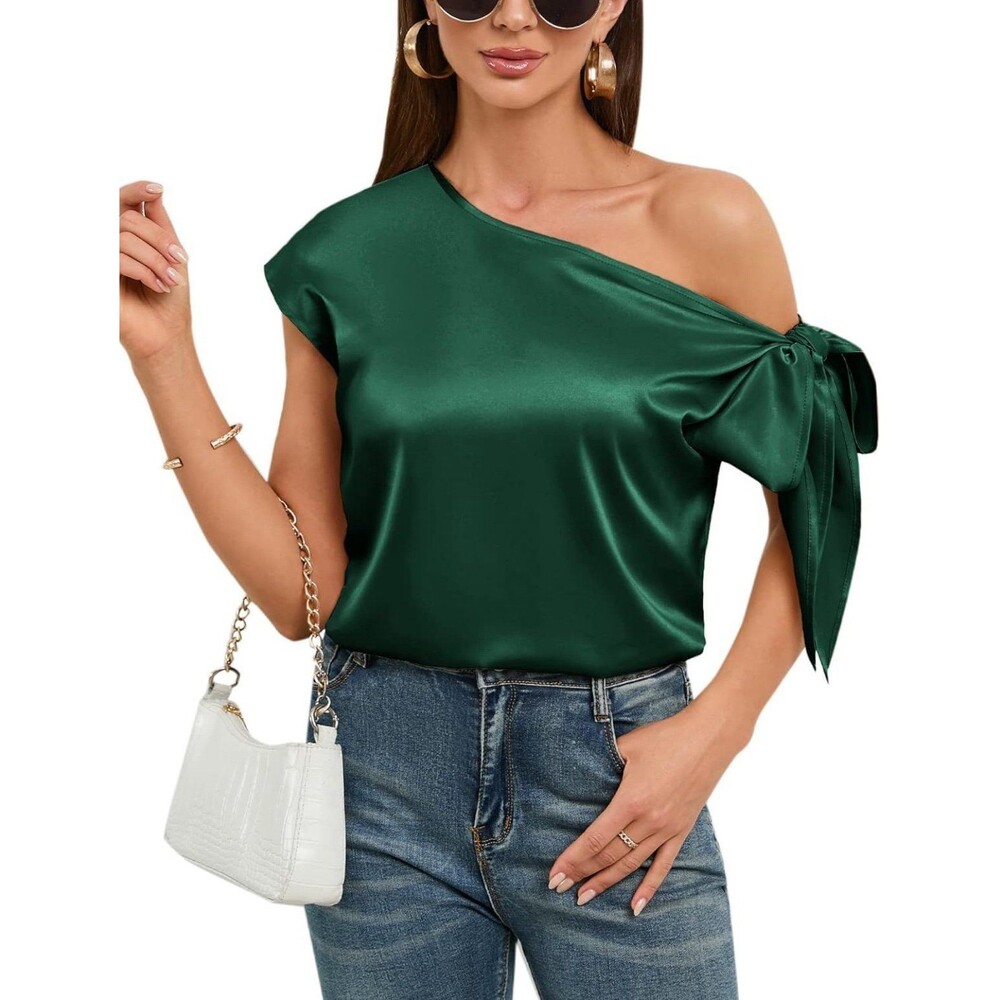 Women's Off Shoulder Satin Top Elegant Asymmetric Green (62)